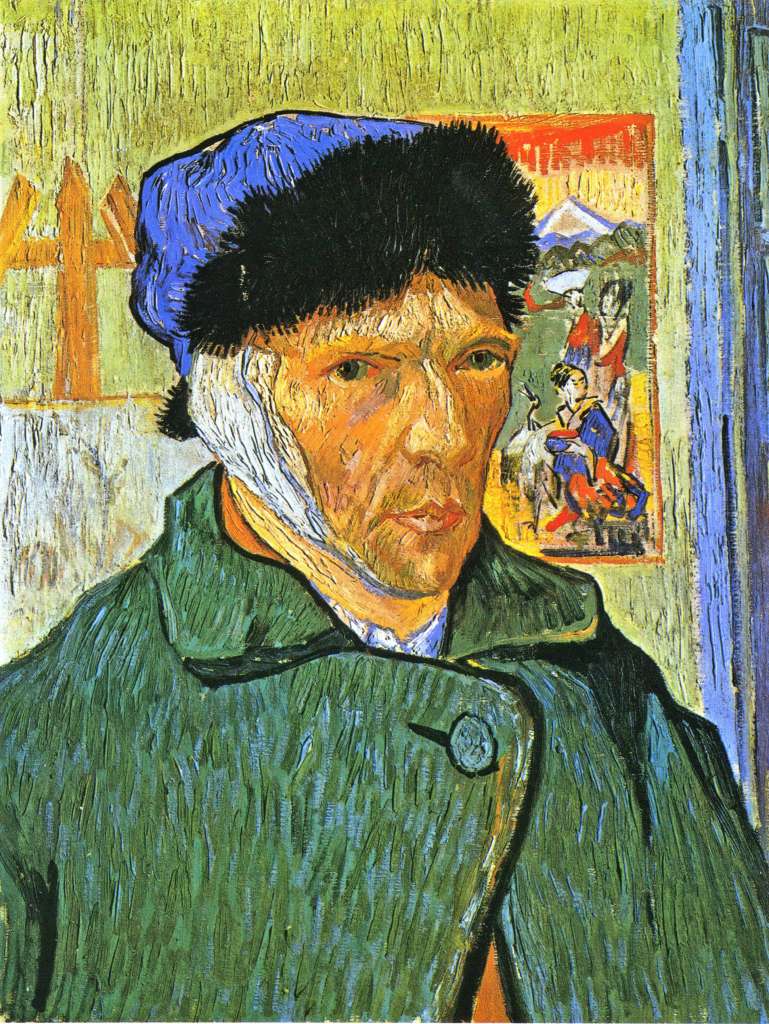 Courtauld 01-1 Vincent Van Gogh - Self-Portrait with Bandaged Ear 1. Vincent van Gogh - Self-Portrait with Bandaged Ear. Arles, January 1889, 61 x 50 cm. On the night of December 23, 1888, Vincent van Gogh was drunk and upset that his friend Paul Gauguin was planning to leave. He waved a knife in Gauguin's face, then cut off a piece of his own ear and gave it to a prostitute. Gauguin quickly left for Paris, and van Gogh went to a hospital.  A week later, Vincent looked in the mirror and saw a calm man with an unflinching gaze, dressed in a heavy coat (painted with thick, vertical strokes of blue and green) and fur-lined hat, and a slightly stained bandage over his ear.